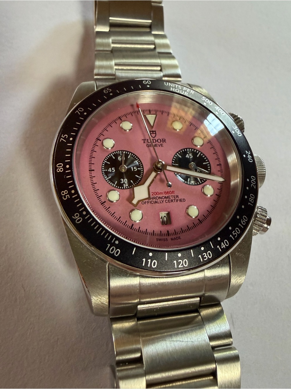 Stainless Steel Chronograph with Pink Dial and Black Subdials